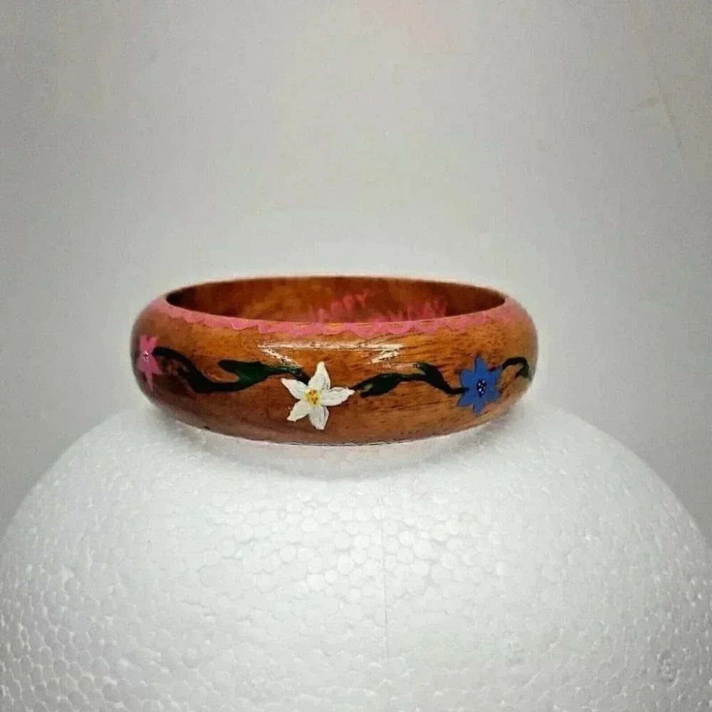 Vintage Hand Painted Wooden Floral Bangle Bracelet